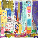 Dipinto di New York City e della sua maestosa piazza Times Square realizzato ad acquerello dagli artisti de Lo Scrigno di Santa Chiara su Carta di Amalfi.