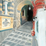 Dipinto con pastelli ad olio su carta di Amalfi. Titolo: The apostles' alley. Autore: Andrea Pascucci
