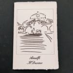 Biglietto d'auguri con decorazione stilizzata della facciata del duomo di Amalfi.